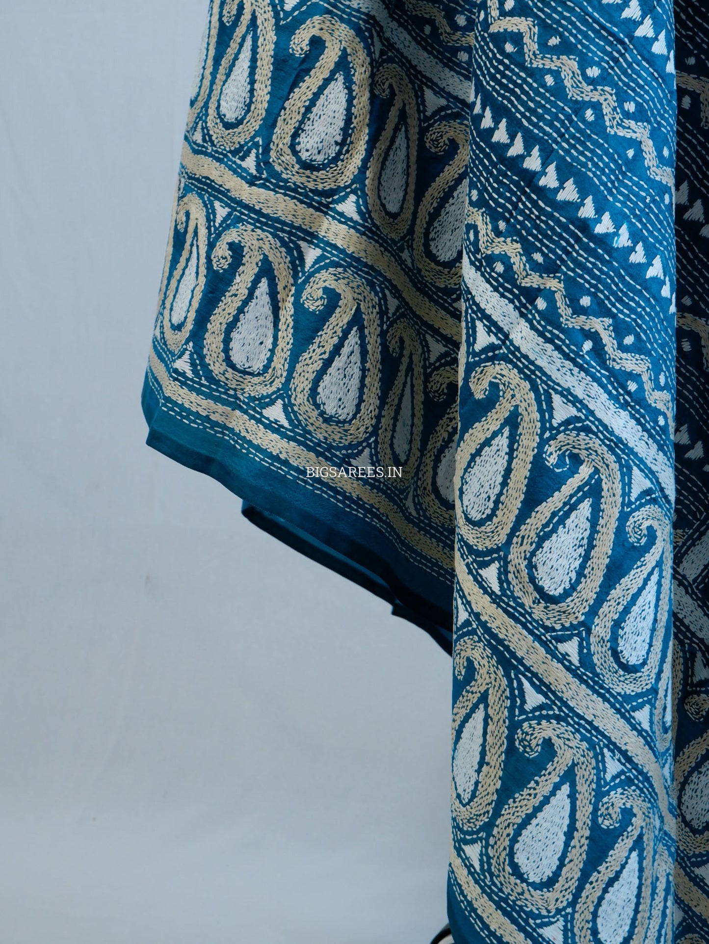 Kantha Hand-Embroidered Dupatta | Pure Bangalore Silk | Rama Green