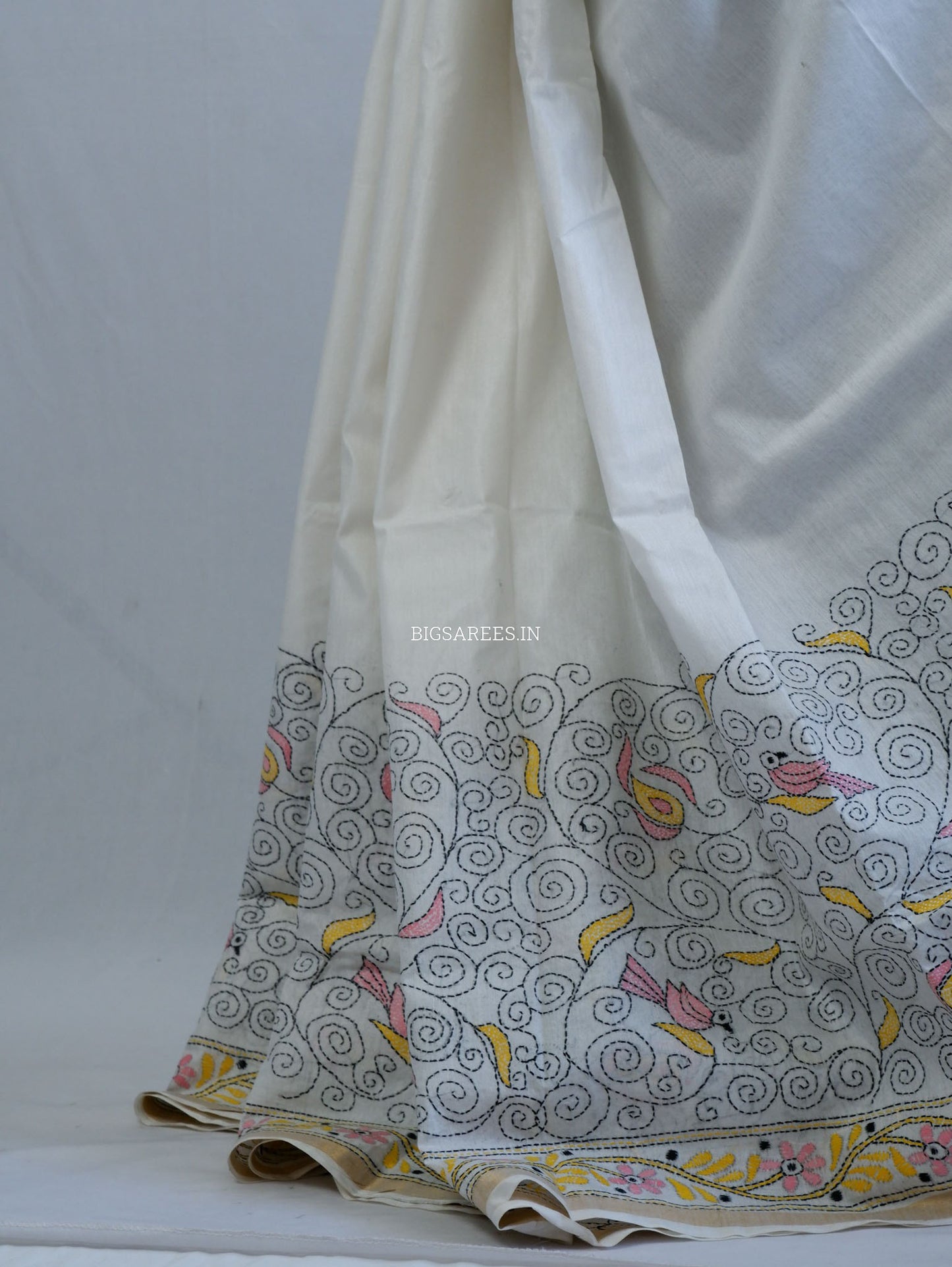 Kantha Stitch Hand-Embroidered Saree | Silk Cotton | White
