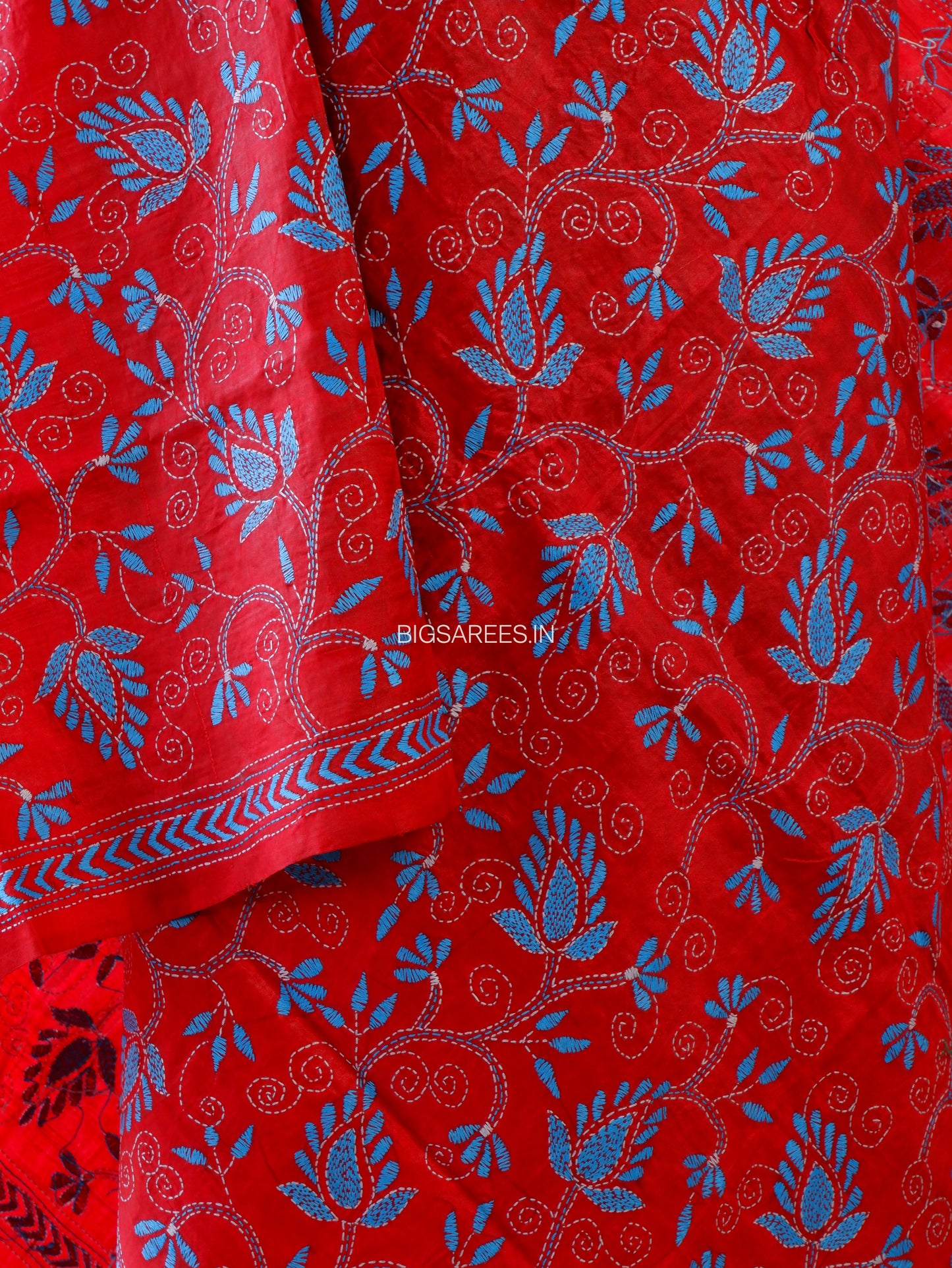 Kantha Stitch Dupatta | Semi Tussar Silk Dye | Red
