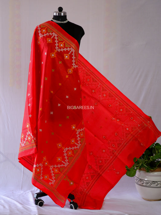 Kutchi Work Dupatta | Pure Banglore Silk Dupatta | Bright Red