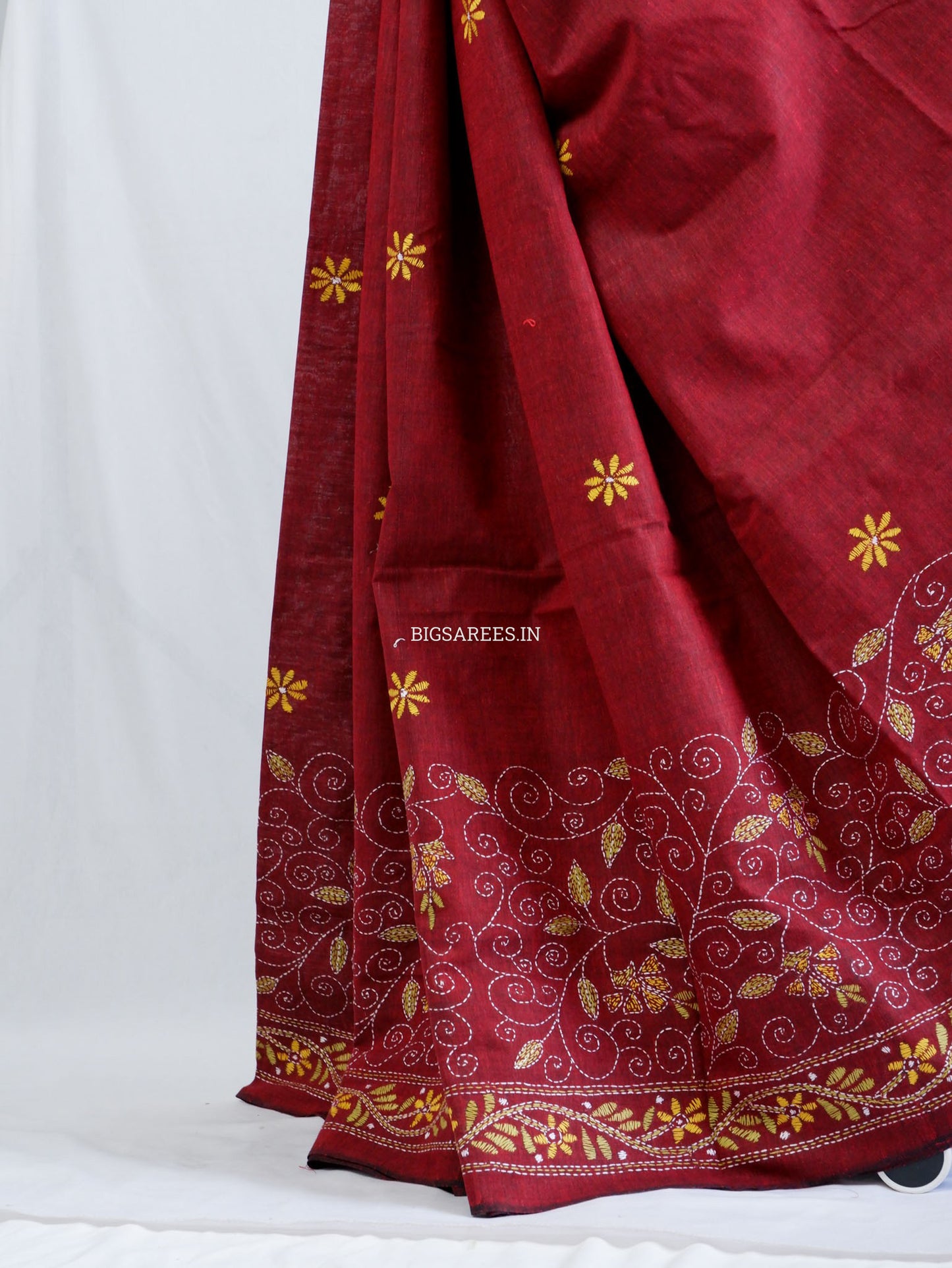Kantha Hand-Embroidered Saree | Pure Khadi Cotton | Maroon