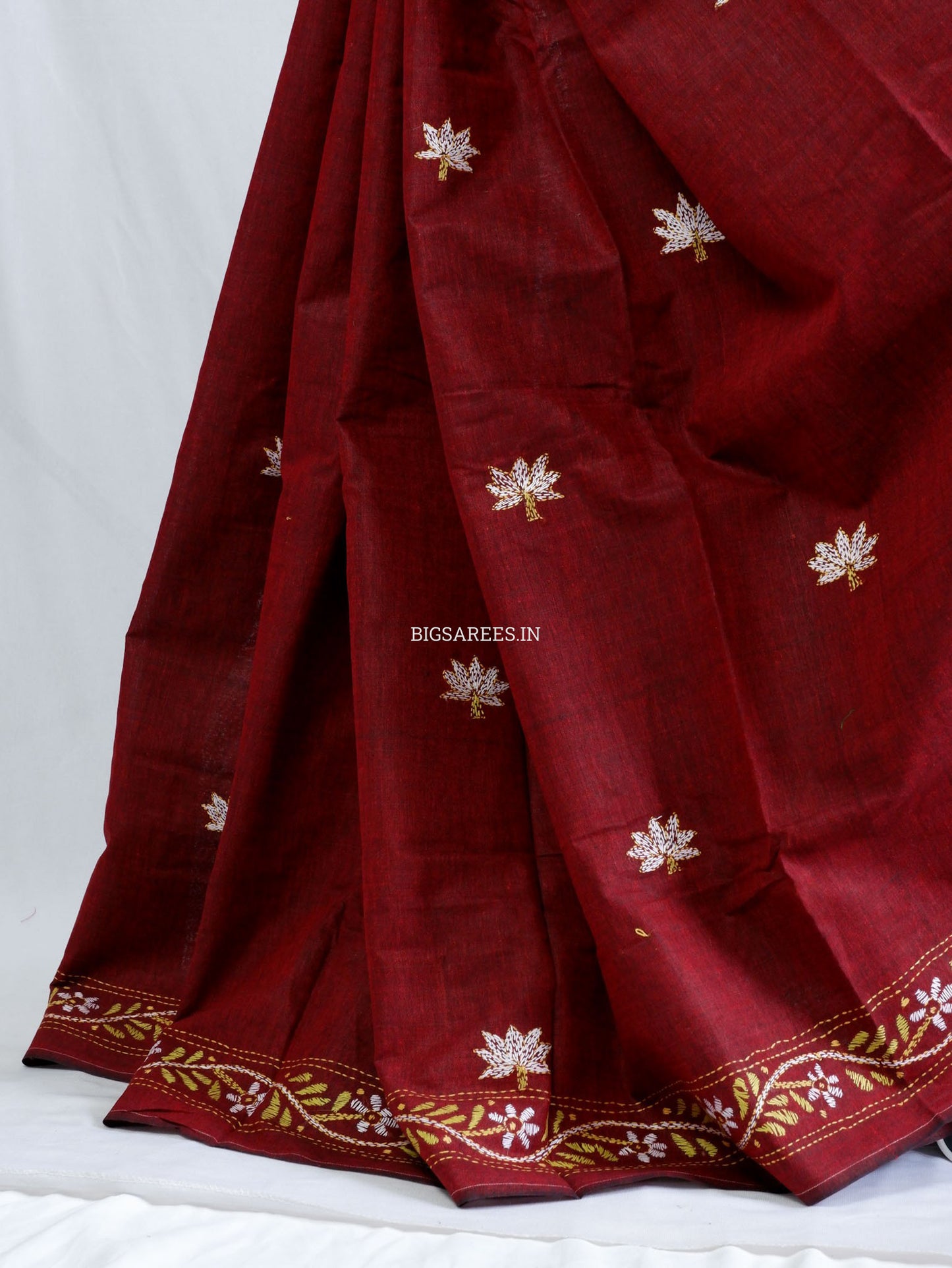 Kantha Hand-Embroidered Saree | Pure Khadi Cotton | Maroon