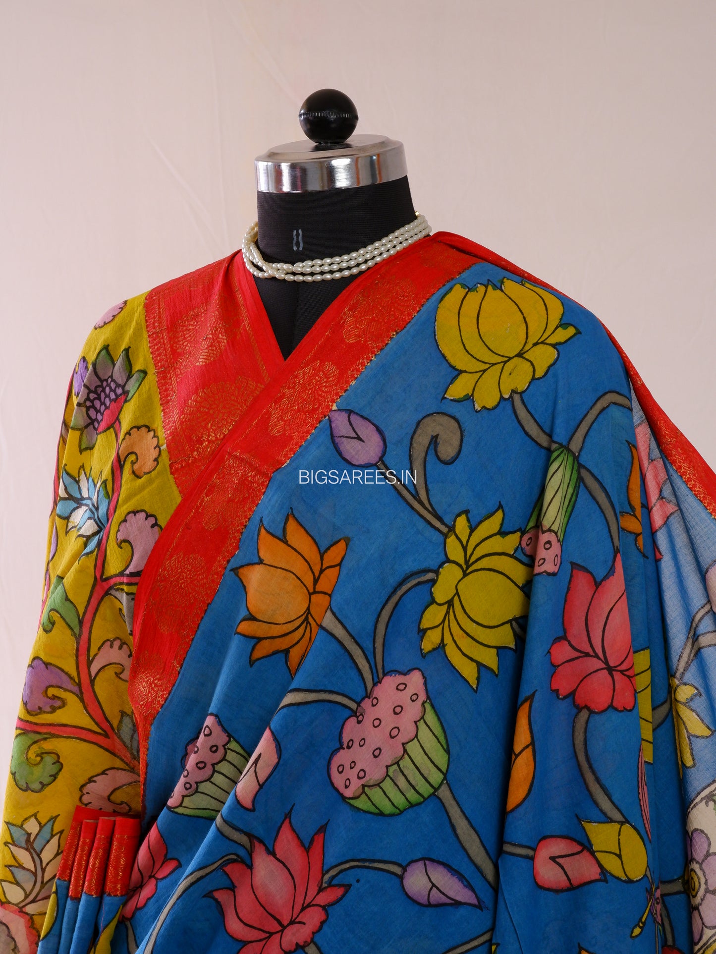 Pen Kalamkari Cotton Saree with Running Blouse | Hand-Painted | Blue