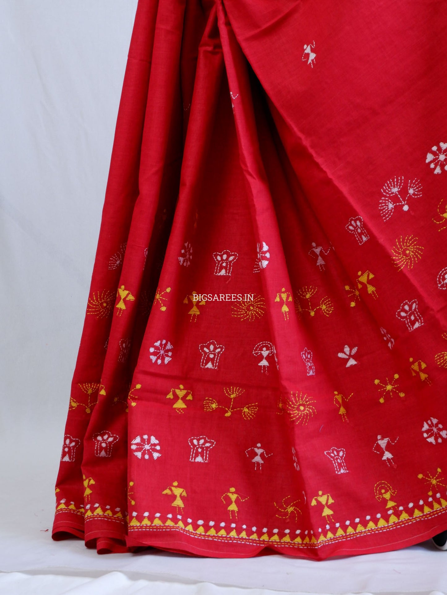 Kantha Hand-Embroidered Saree | Pure Khadi Cotton | Red