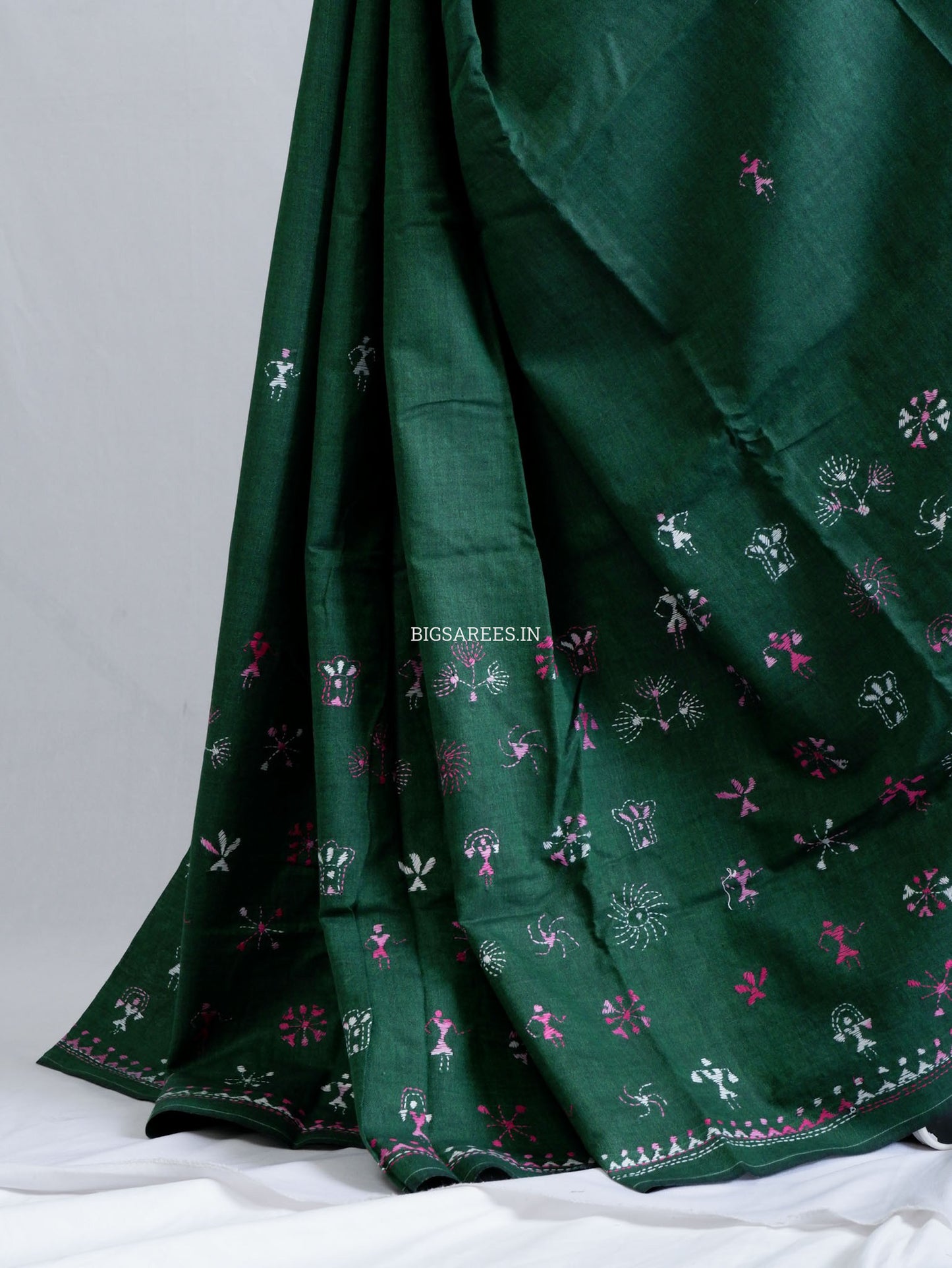 Kantha Hand-Embroidered Saree | Pure Khadi Cotton | Dark Green