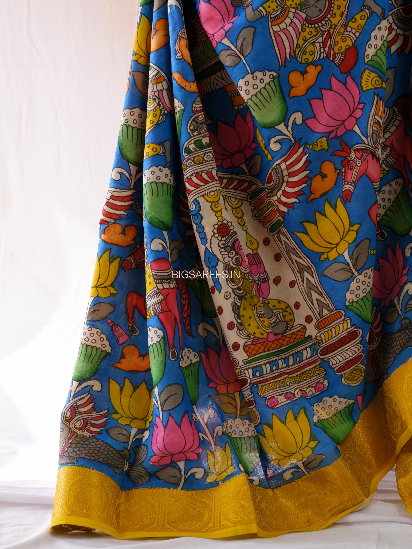 Pen Kalamkari Cotton Saree with Running Blouse | Hand-Painted | Blue