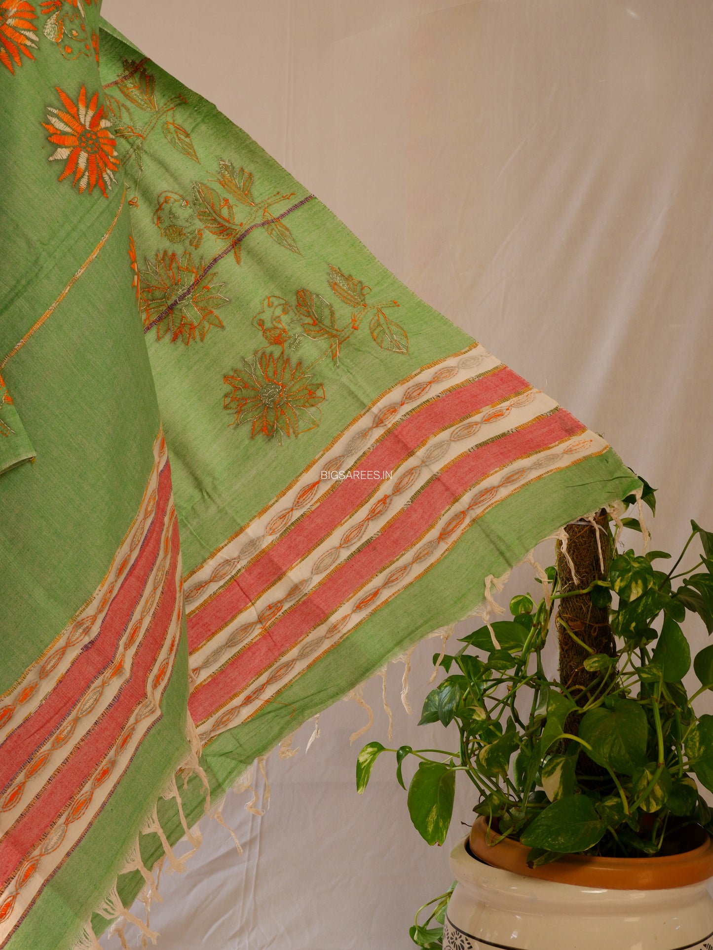 Hand Embroidered Kantha-Stitch Dupatta | Pure Khesh Cotton | Olive Green
