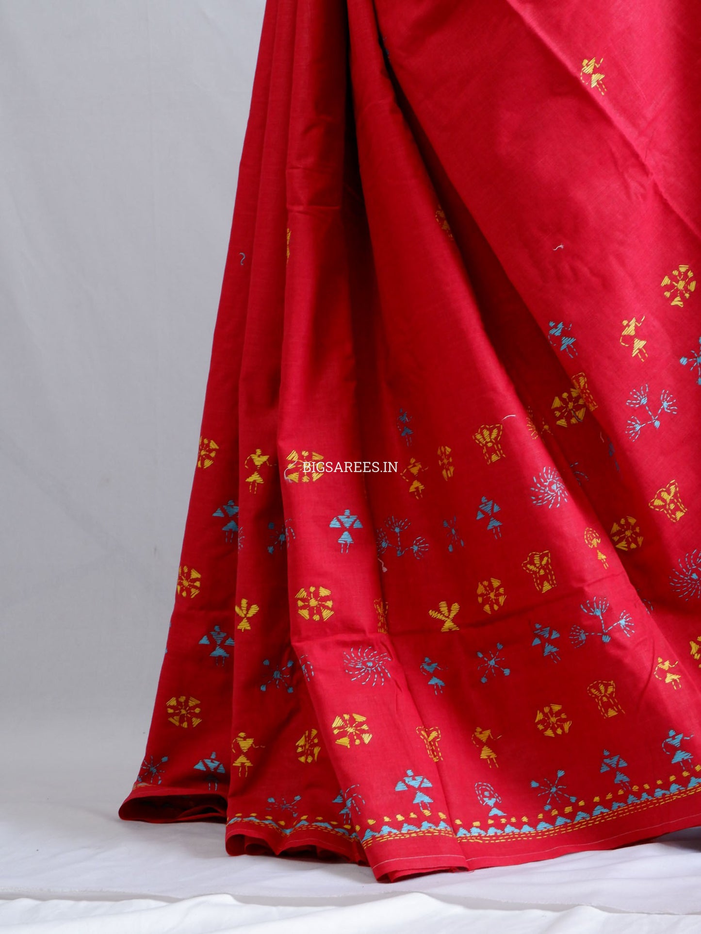 Kantha Hand-Embroidered Saree | Pure Khadi Cotton | Red