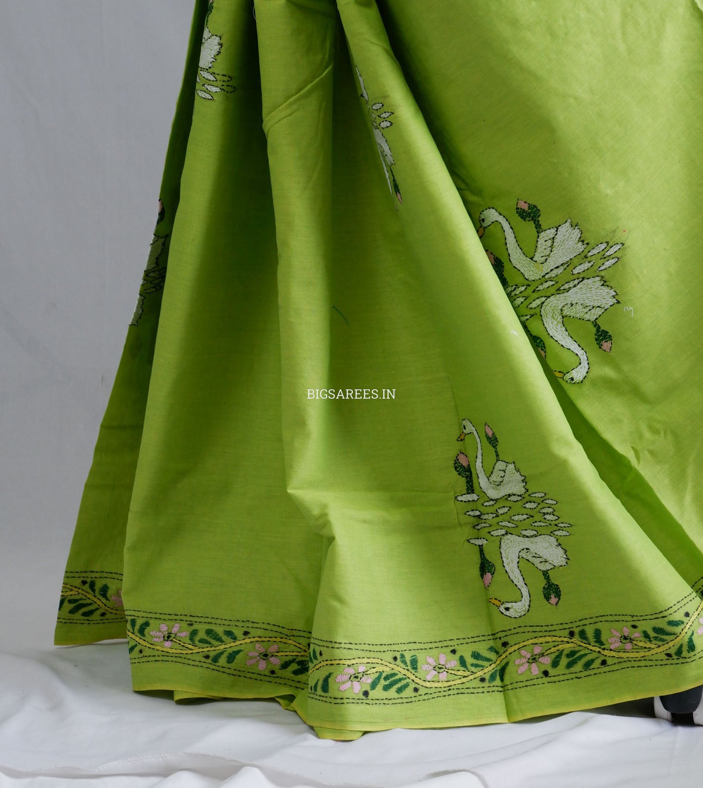 Kantha Hand-Embroidered Saree | Pure Khadi Cotton | Lime Green