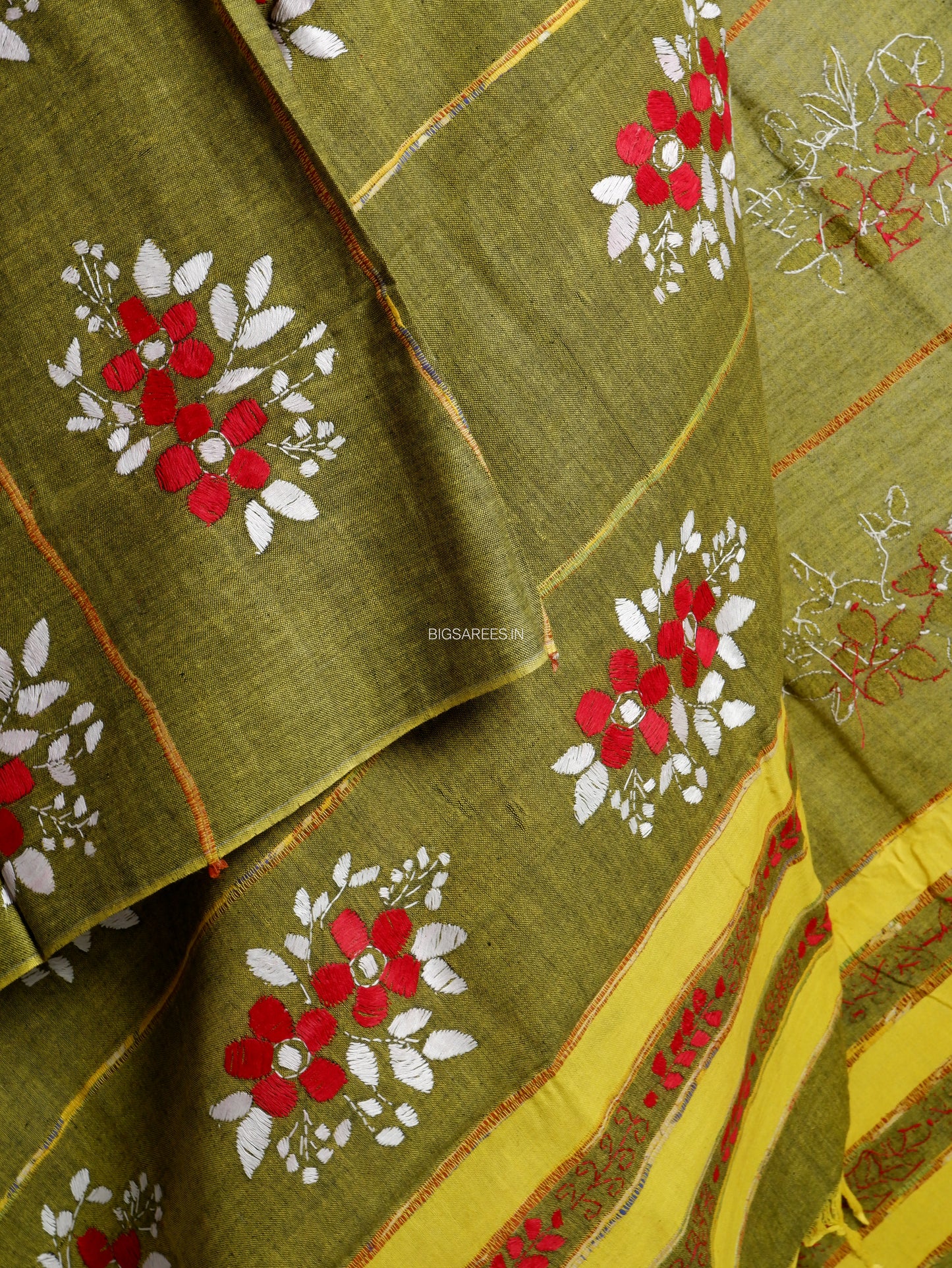 Hand Embroidered Kantha-Stitch Dupatta | Pure Khesh Cotton | Moss Green