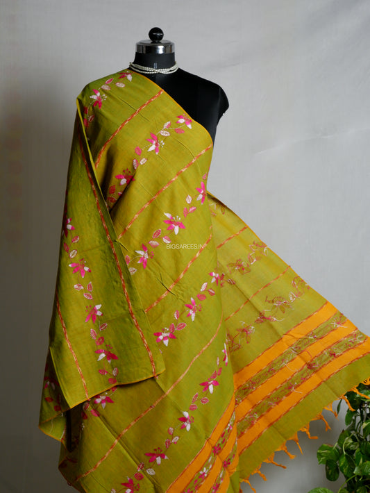 Hand Embroidered Kantha-Stitch Dupatta | Pure Khesh Cotton | Moss Green