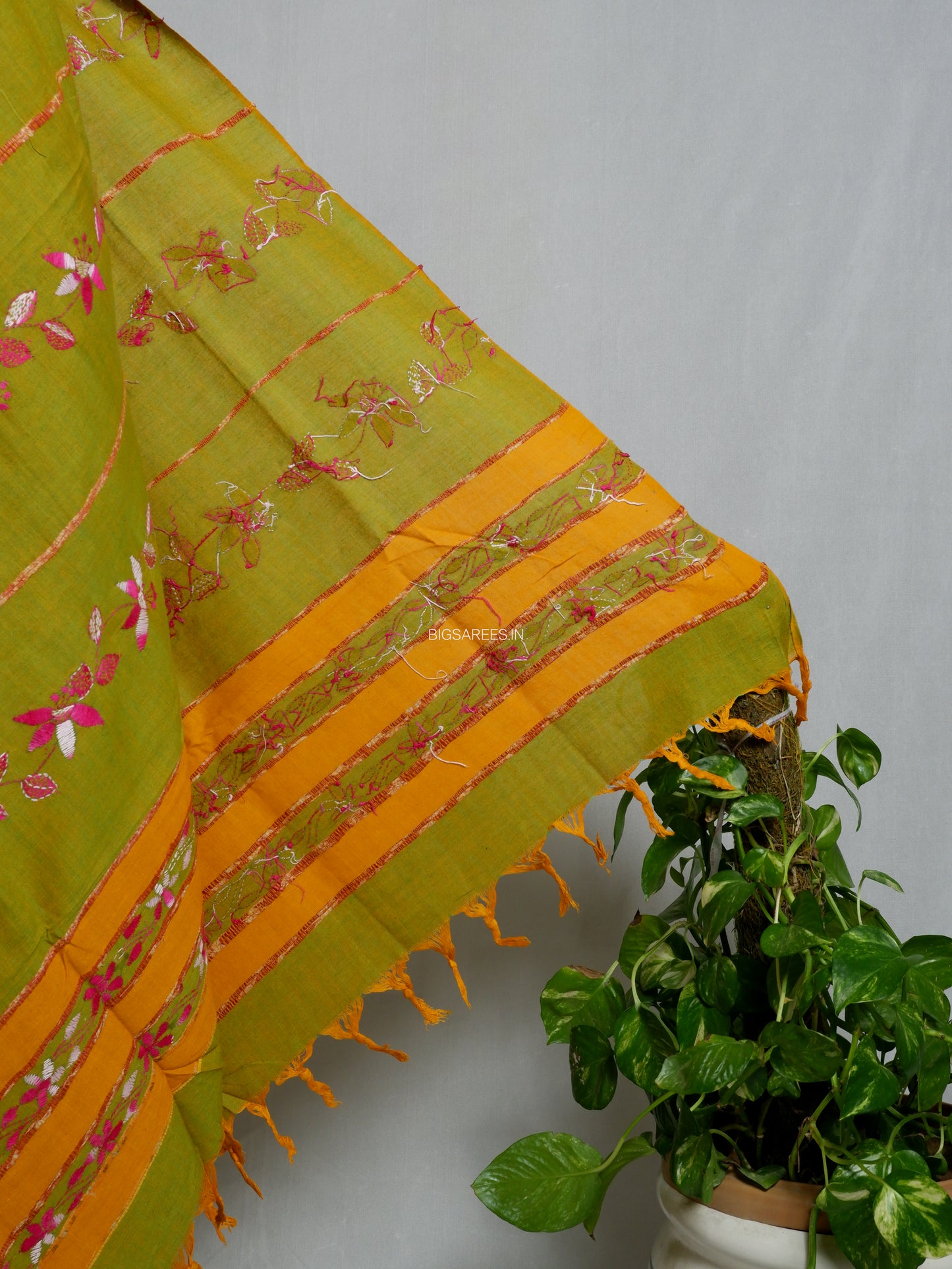 Hand Embroidered Kantha-Stitch Dupatta | Pure Khesh Cotton | Moss Green