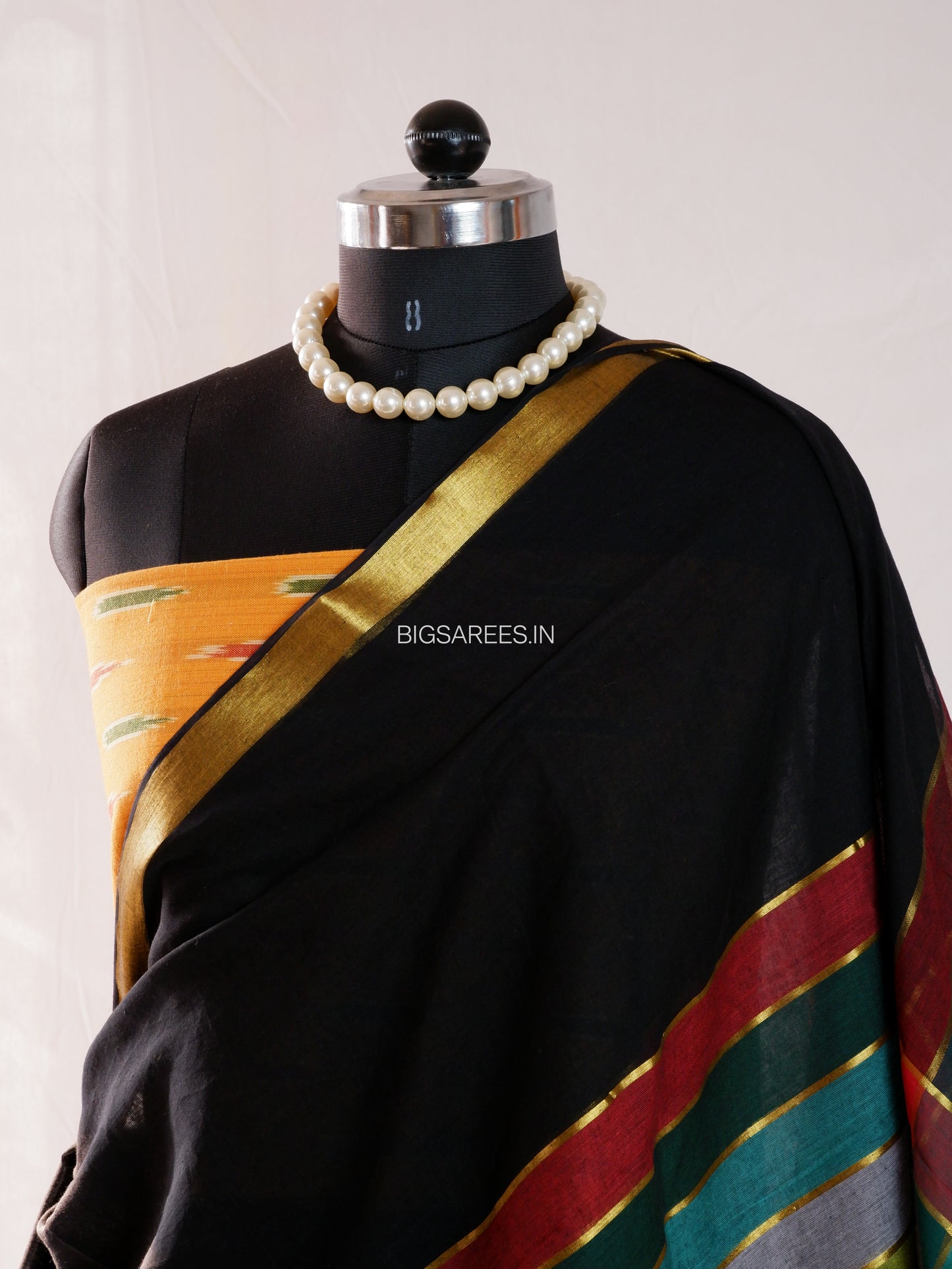 Checkered Mul Cotton Saree With Ikat Blouse | Lightweight | Black