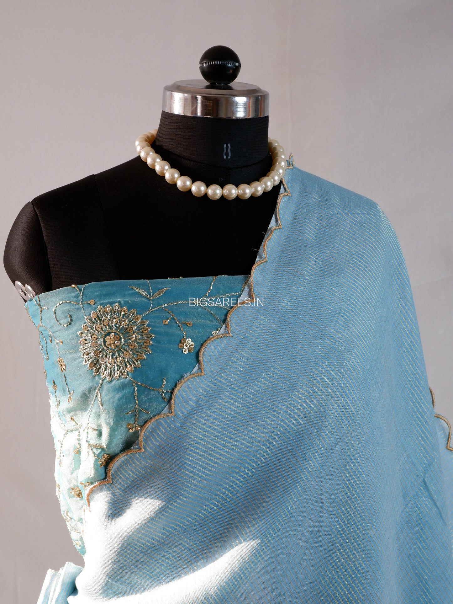 Mul Cotton Saree | Gold Stripes | Sky Blue