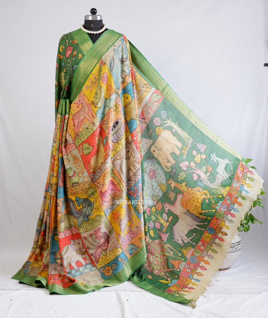Hand-Painted Kalamkari Saree | Bangalore Silk | Green/Yellow