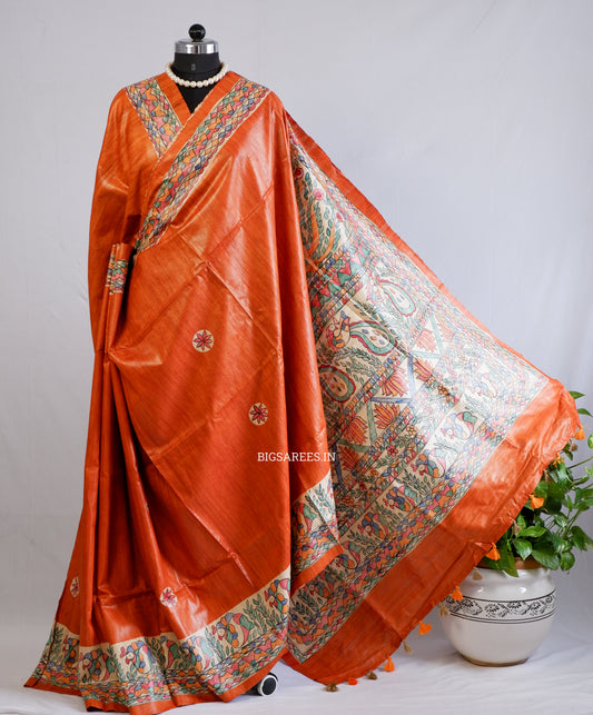 Handcrafted Madhubani Saree | Pure Tussar Ghicha Silk | Silk Mark Certified | Orange