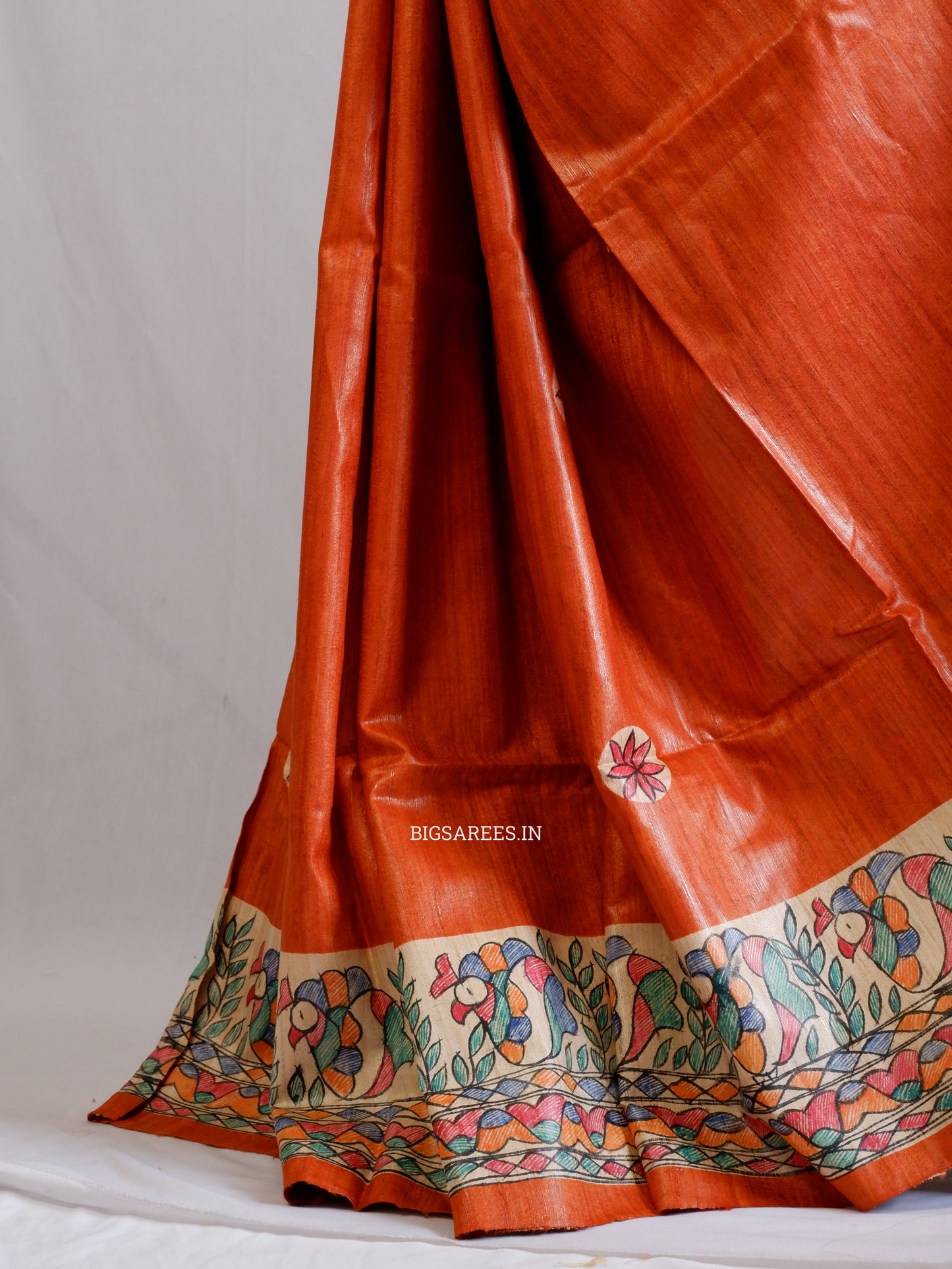 Handcrafted Madhubani Saree | Pure Tussar Ghicha Silk | Silk Mark Certified | Orange