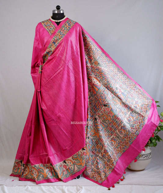 Handcrafted Madhubani Saree | Pure Tussar Ghicha Silk | Silk Mark Certified | Pink