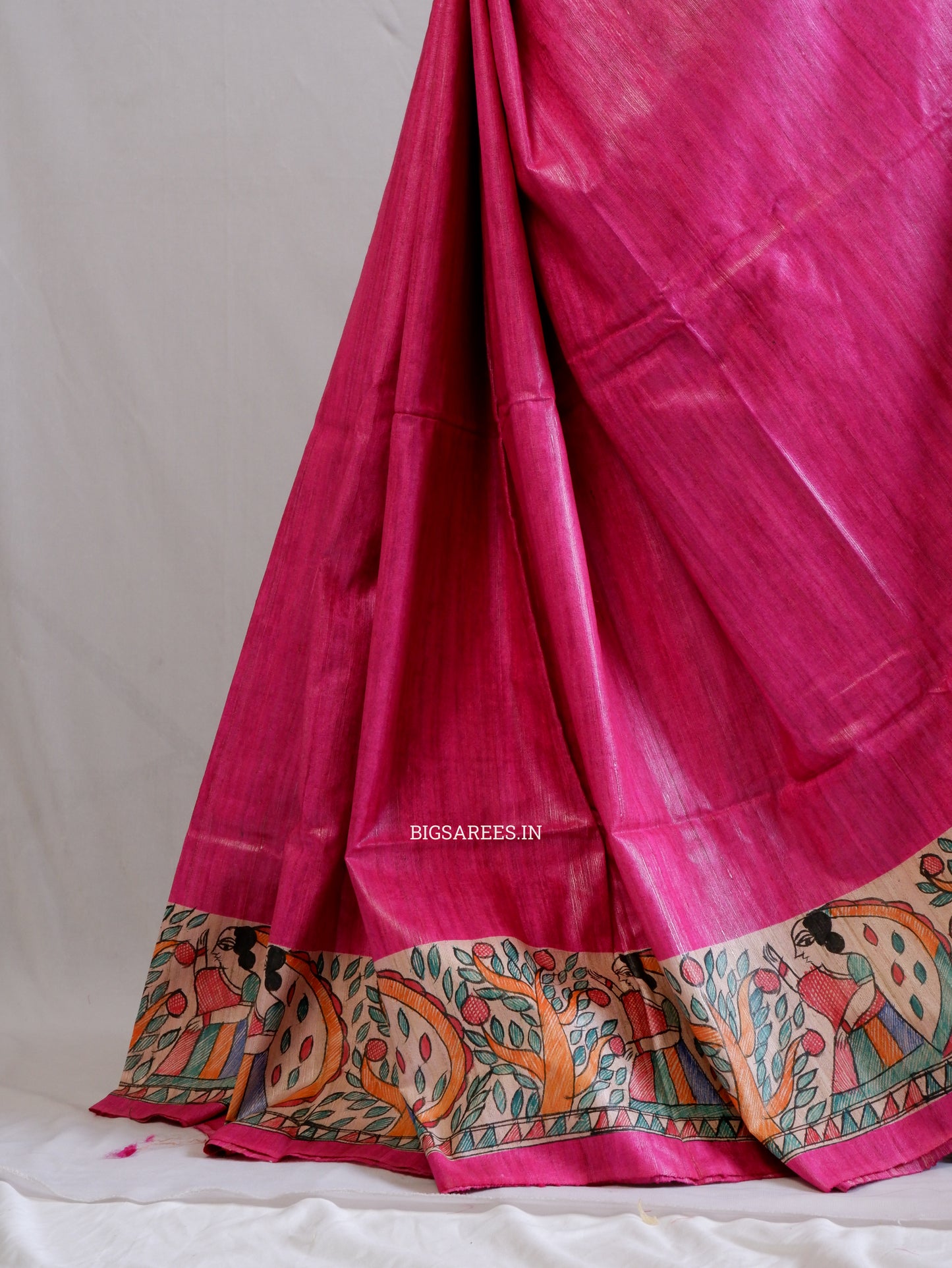 Handcrafted Madhubani Saree | Pure Tussar Ghicha Silk | Silk Mark Certified | Pink