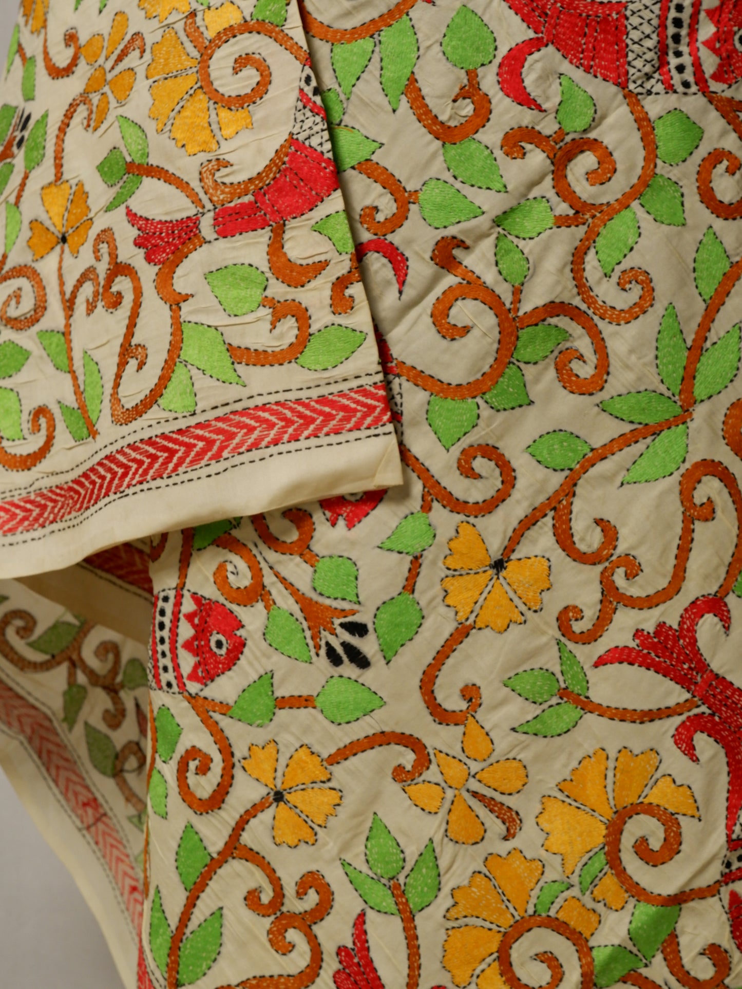 Kantha Hand-Embroidered Dupatta | Semi Tussar Silk | Full Work | Off-White