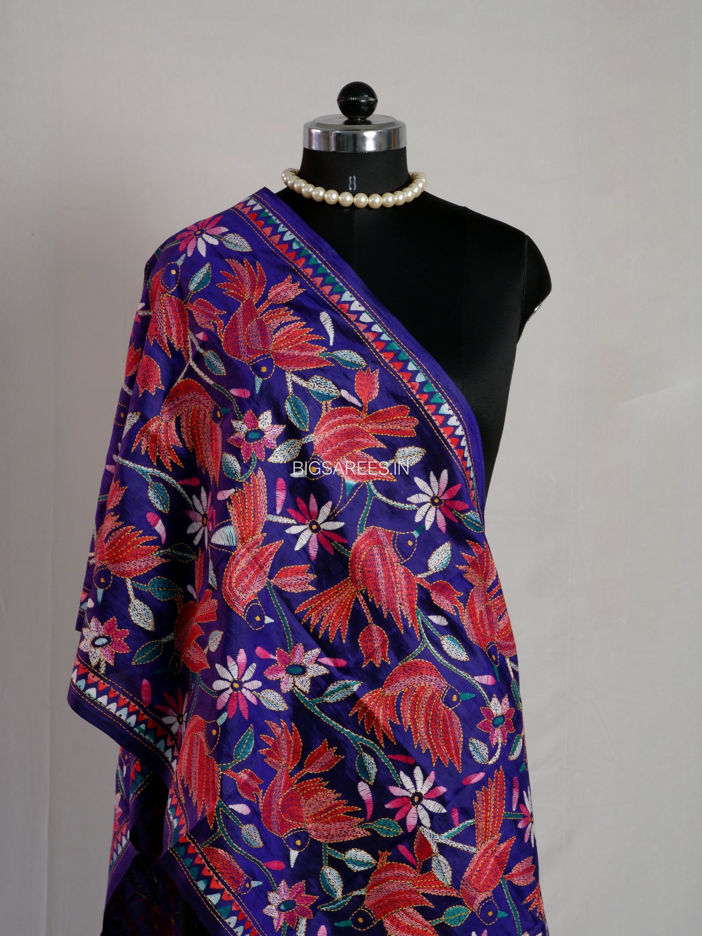 Kantha Pure Silk Stole | Dark Blue | 22" |