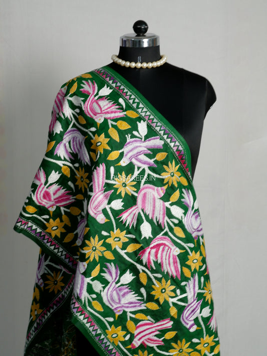 Kantha Pure Silk Stole | Green | 22" |