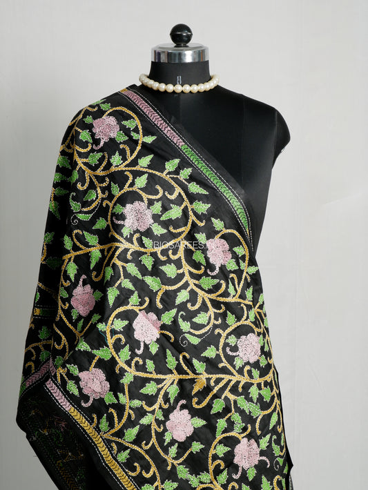 Kantha Pure Silk Stole | Black | 22" |