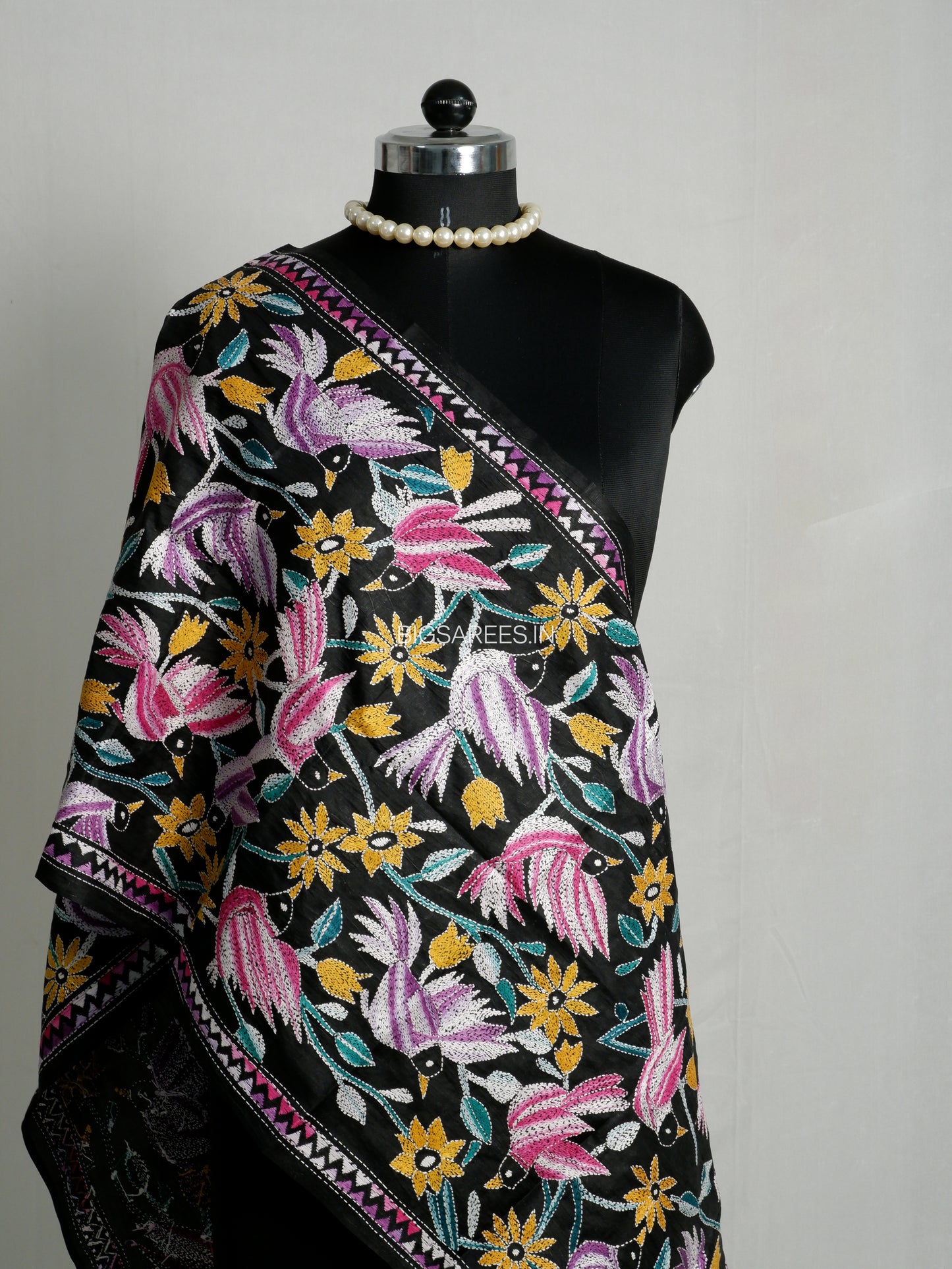 Kantha Pure Silk Stole | Black | 22" |