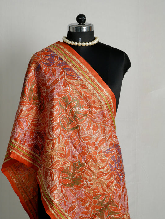 Kantha Pure Silk Stole | Orange | 22" |