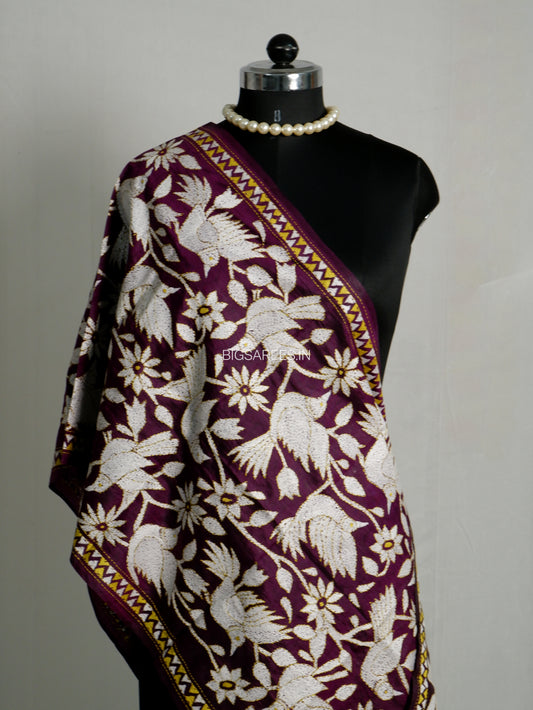 Kantha Pure Silk Stole | Wine | 22" |