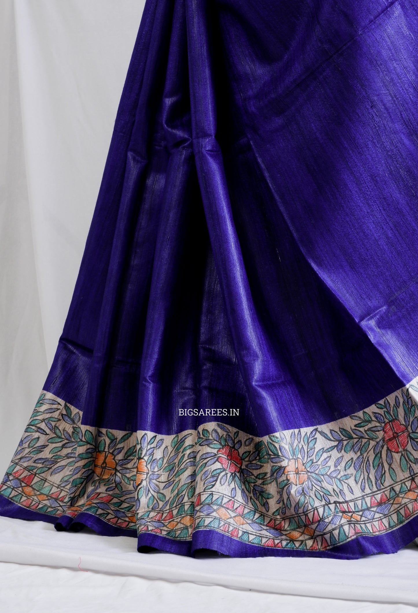 Handcrafted Madhubani Saree | Pure Tussar Ghicha Silk | Silk Mark Certified | Bluish Violet