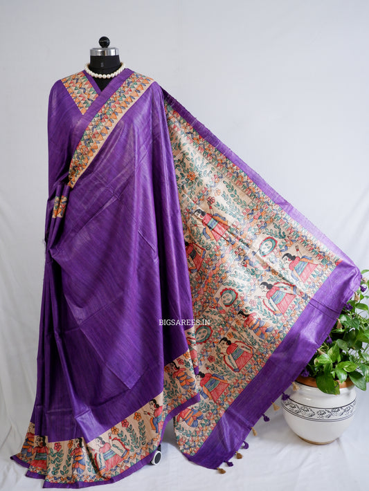 Handcrafted Madhubani Saree | Pure Tussar Ghicha Silk | Silk Mark Certified | Violet