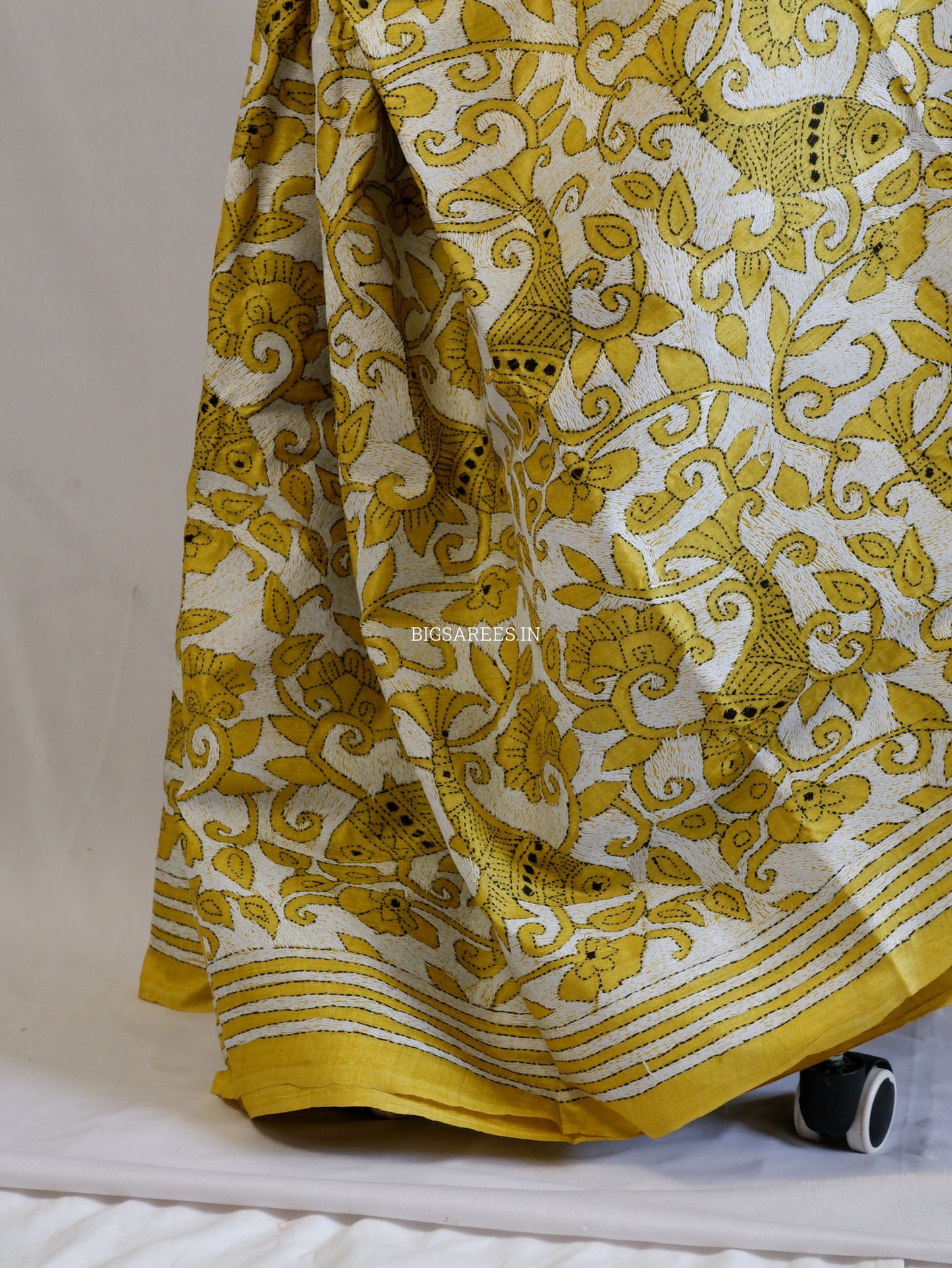 Reverse Kantha Hand-Embroidered Saree with Blouse Piece | Pure Tussar Silk | Silk Marked | Yellow