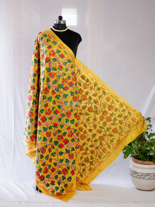 Kantha Hand-Embroidered Dupatta | Blended Bangalore Silk | Full Work | Yellow