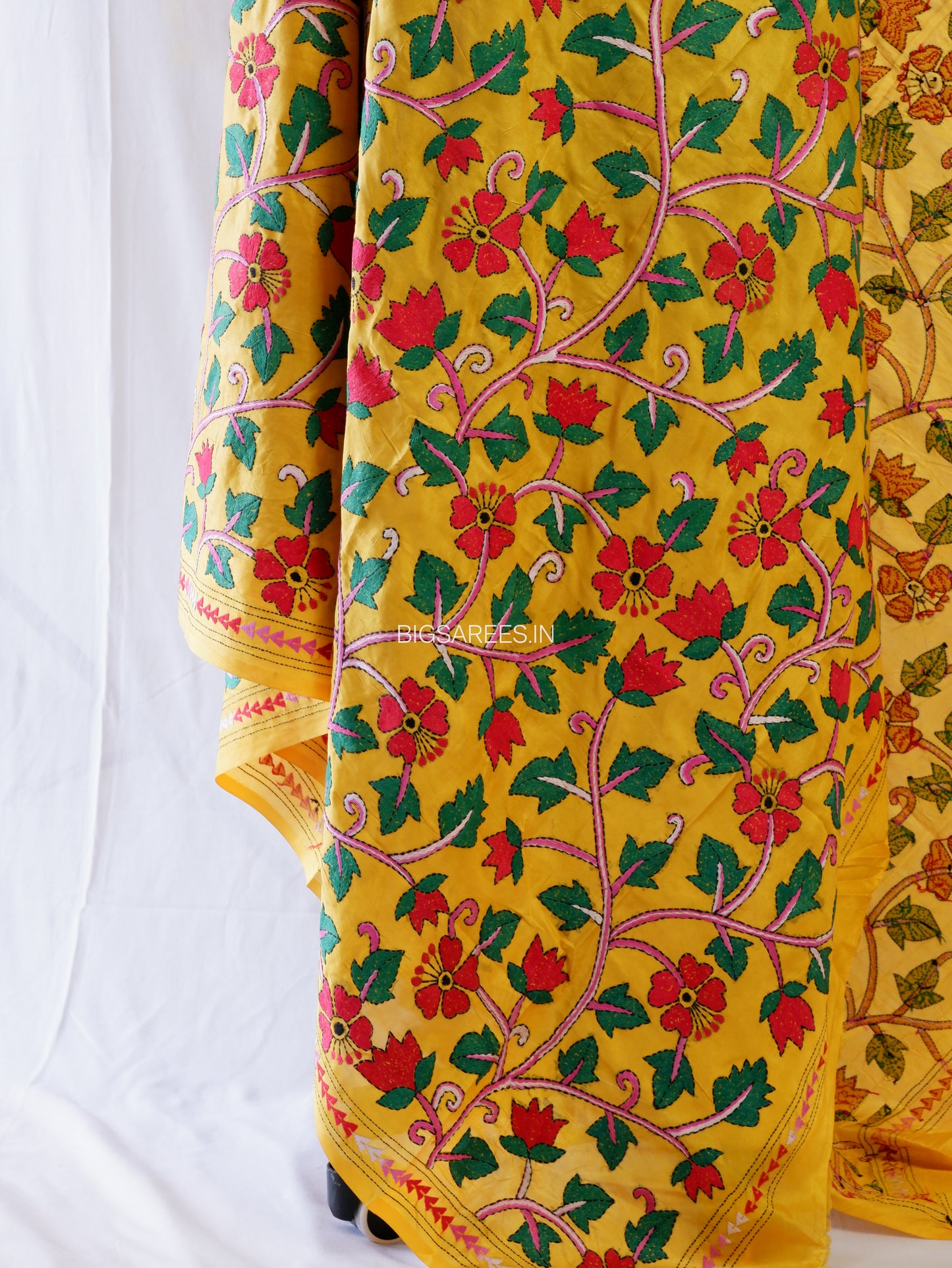 Kantha Hand-Embroidered Dupatta | Blended Bangalore Silk | Full Work | Yellow