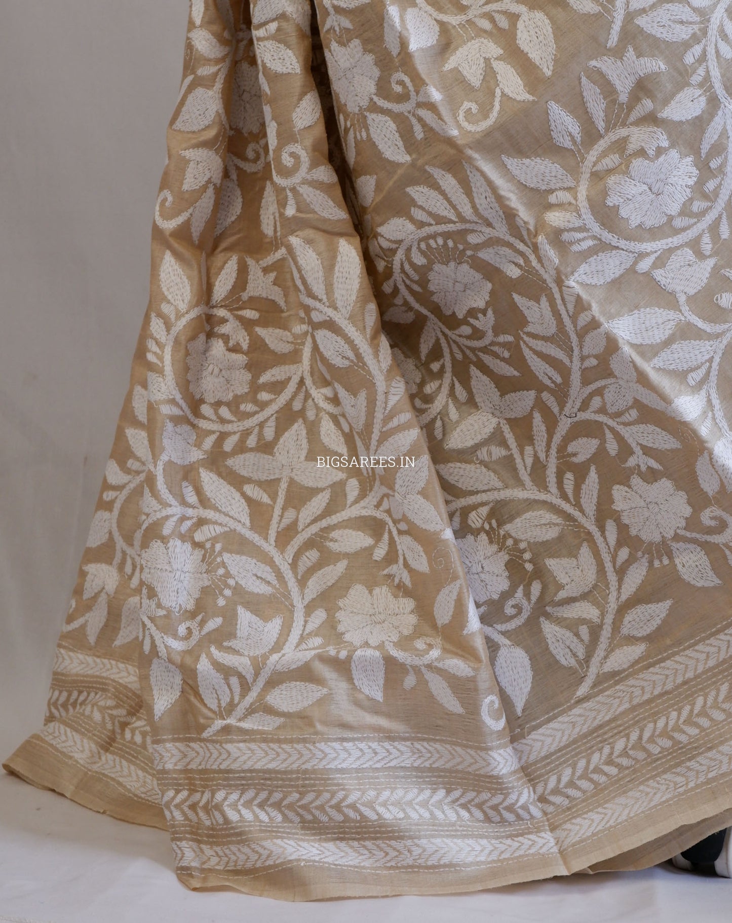 Reverse Kantha Hand-Embroidered Saree with Blouse Piece | Pure Tussar Silk | Silk Marked | Beige