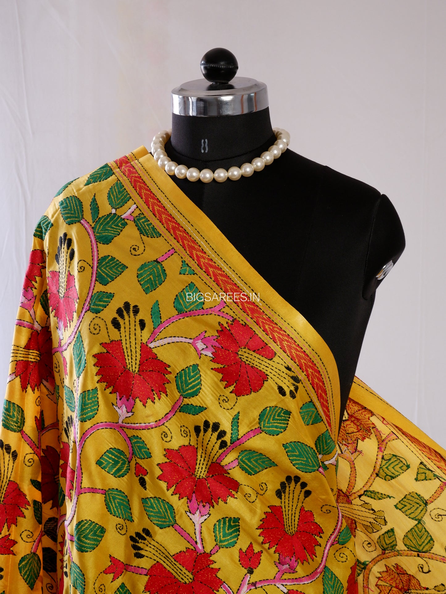Kantha Hand-Embroidered Dupatta | Blended Bangalore Silk | Full Work | Yellow