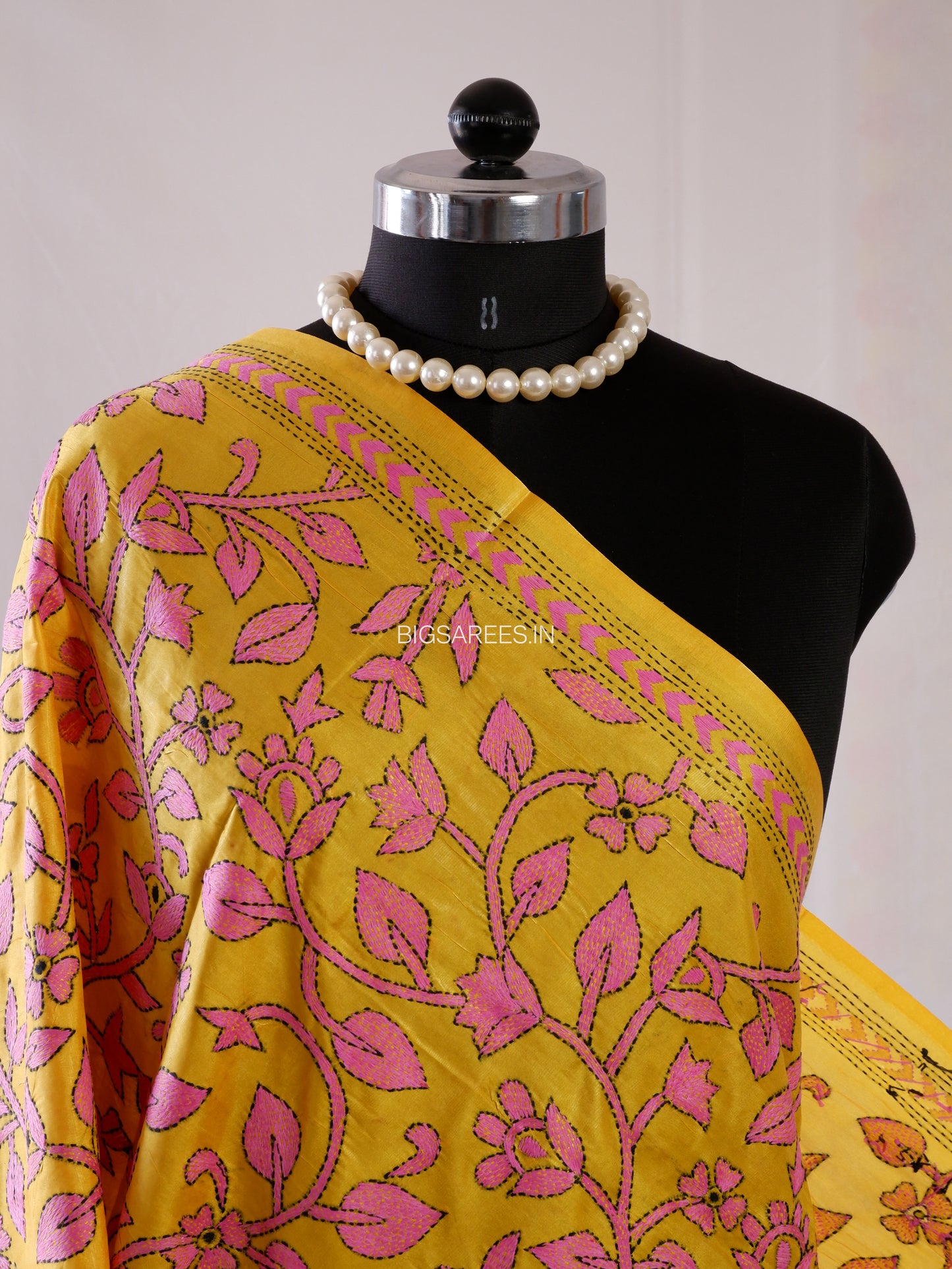 Kantha Hand-Embroidered Dupatta | Blended Bangalore Silk | Full Work | Yellow