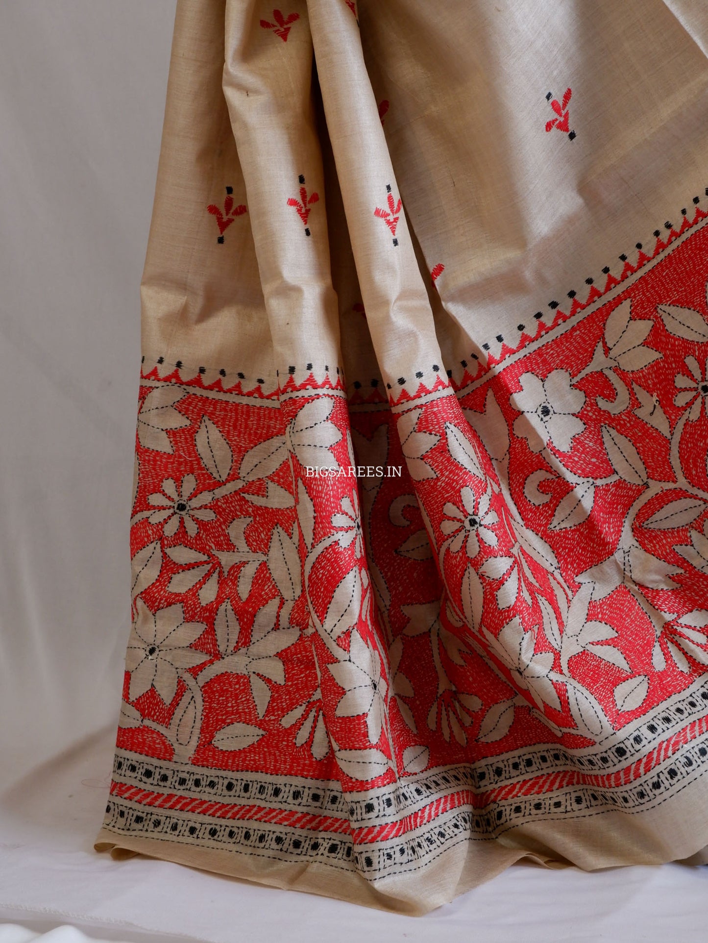 Reverse Kantha Hand-Embroidered Saree with Blouse Piece | Pure Tussar Silk | Silk Marked |