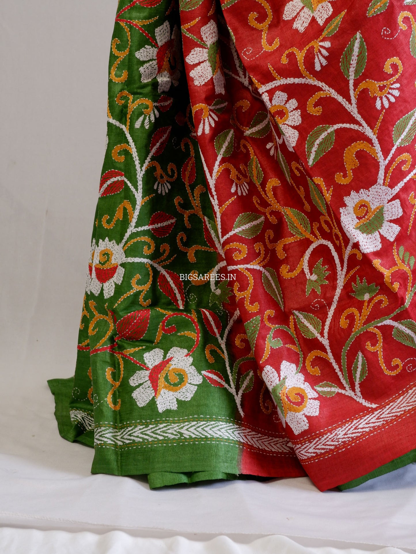 Reverse Kantha Hand-Embroidered Saree with Blouse Piece | Pure Tussar Silk | Silk Marked | Yellow