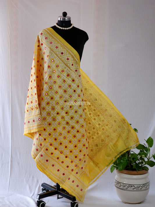 Kutchi Work Hand-Embroidered Dupatta | Pure Tussar Silk | Mirror Work | Yellow
