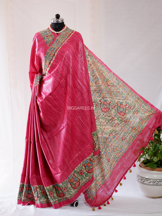 Handcrafted Madhubani Saree | Pure Tussar Ghicha Silk | Silk Mark Certified | Pink