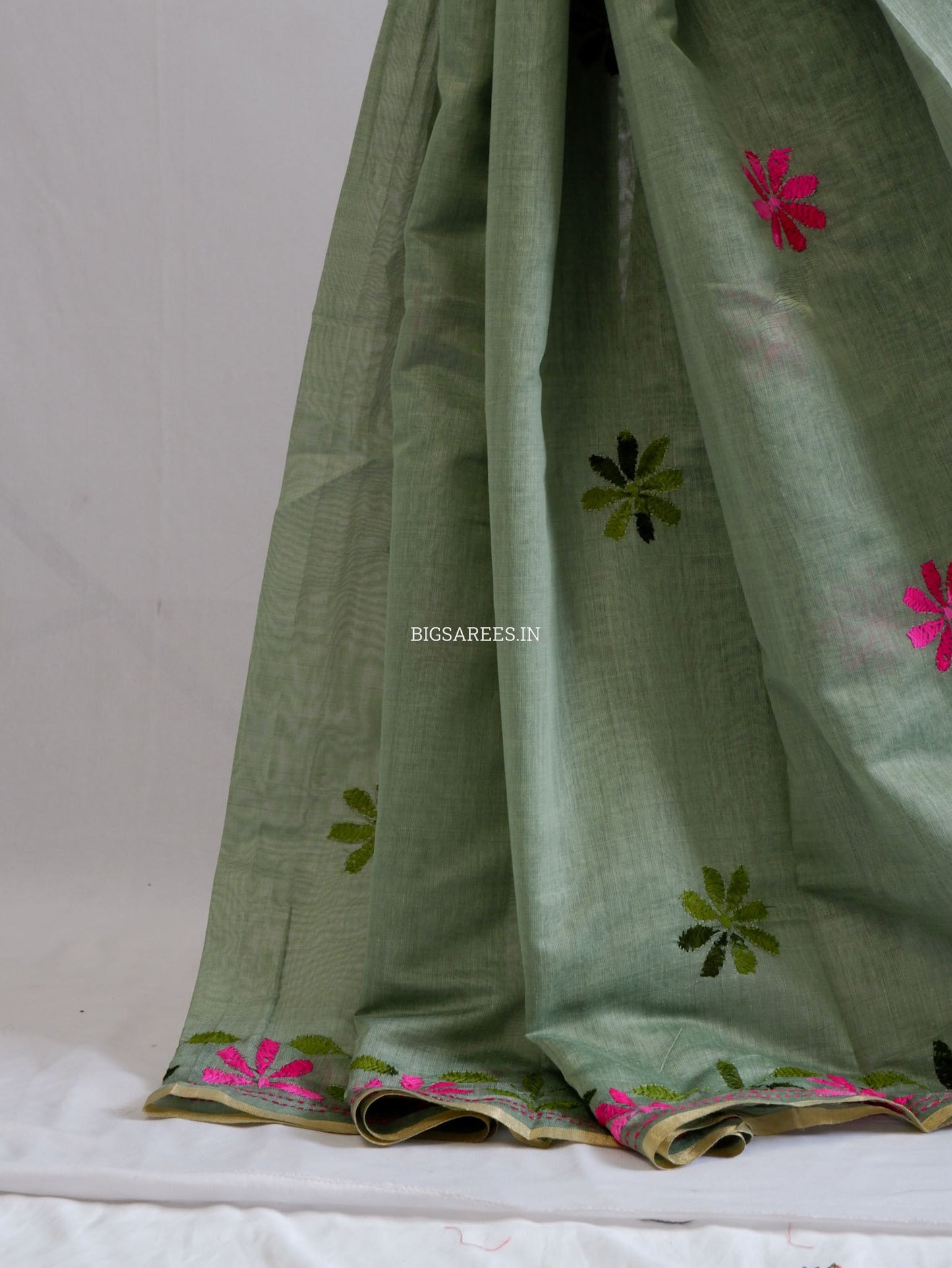 Kantha Stitch Semi Tussar with Blouse | Hand-Embroidered | Dark Sage