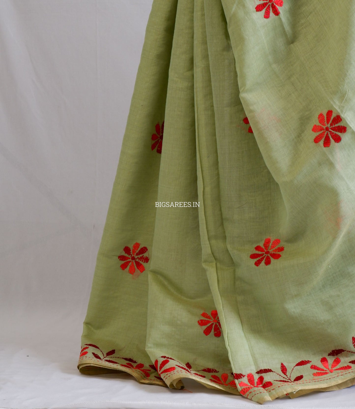 Kantha Stitch Semi Tussar with Blouse | Hand-Embroidered | Sage