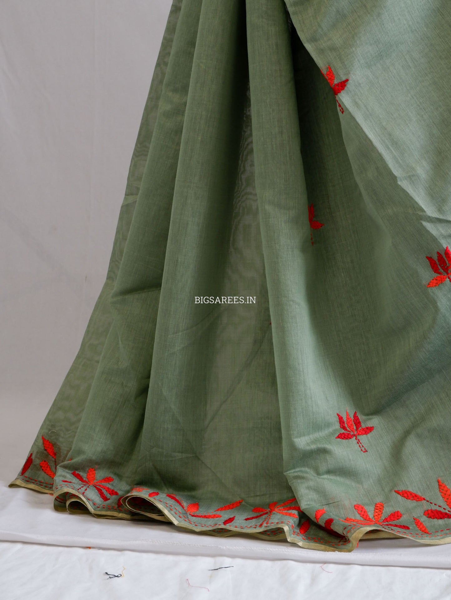 Kantha Stitch Semi Tussar with Blouse | Hand-Embroidered | Dark Sage