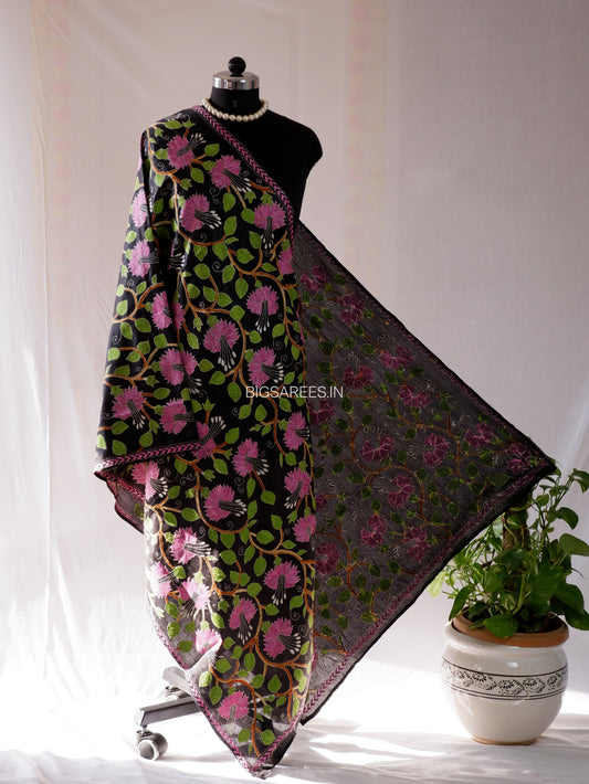 Kantha Hand-Embroidered Dupatta | Blended Bangalore Silk | Full Work | Black
