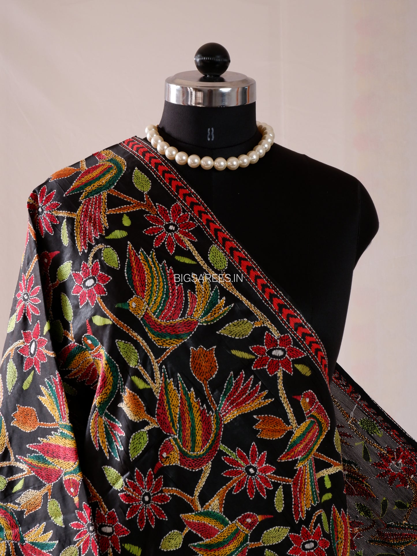 Kantha Hand-Embroidered Dupatta | Blended Bangalore Silk | Full Work | Black