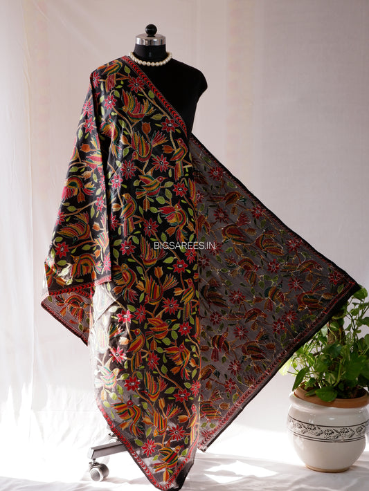 Kantha Hand-Embroidered Dupatta | Blended Bangalore Silk | Full Work | Black