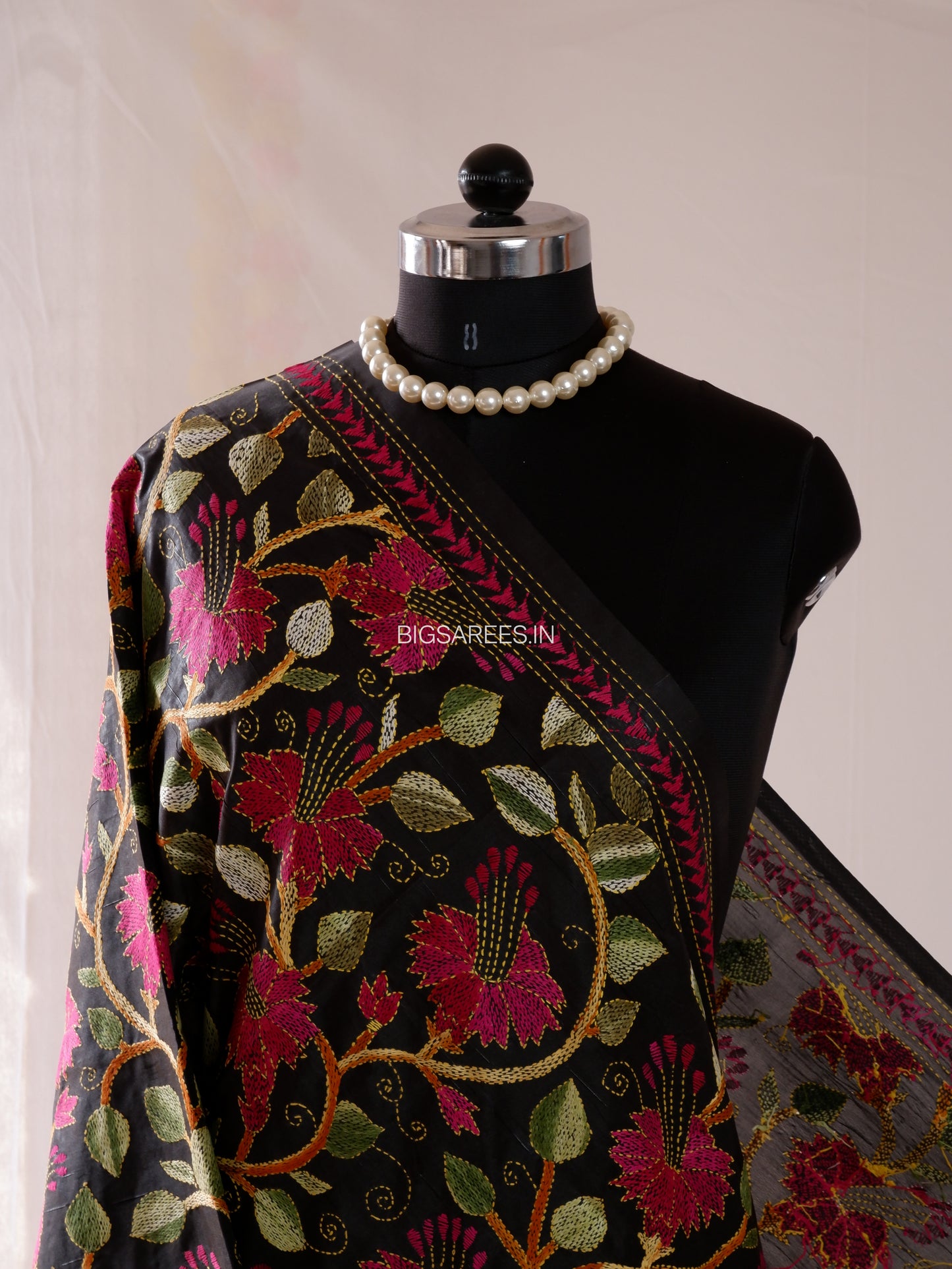 Kantha Hand-Embroidered Dupatta | Blended Bangalore Silk | Full Work | Black
