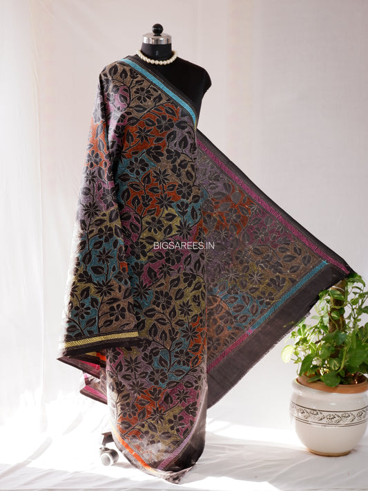Reverse Kantha Hand-Embroidered Dupatta | Blended Bangalore Silk | Full Work | Black